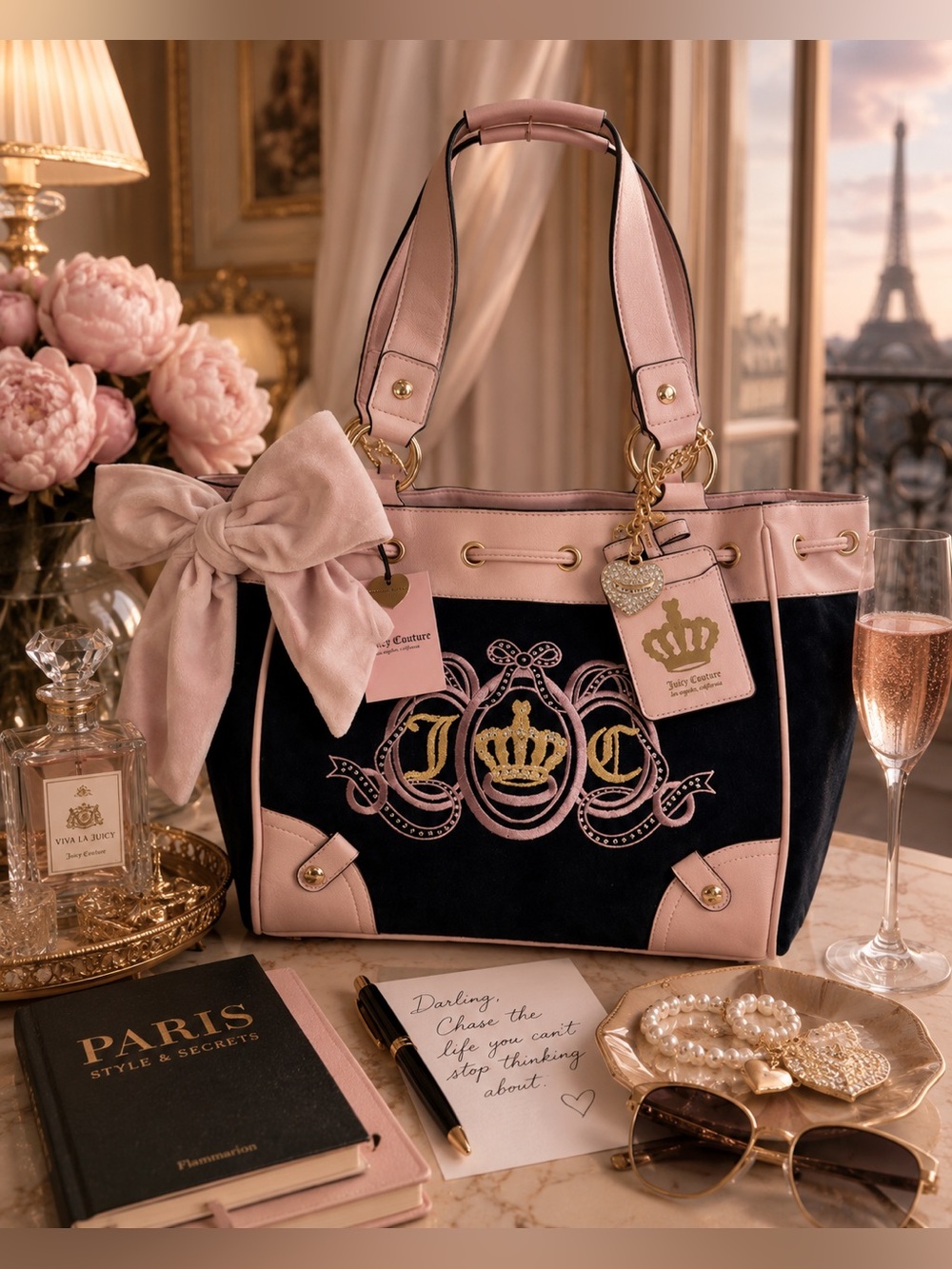 Juicy Couture Juicy Lovers Club 💎 w/Large Bow Tote Viral Y2K Juicy Exclusive